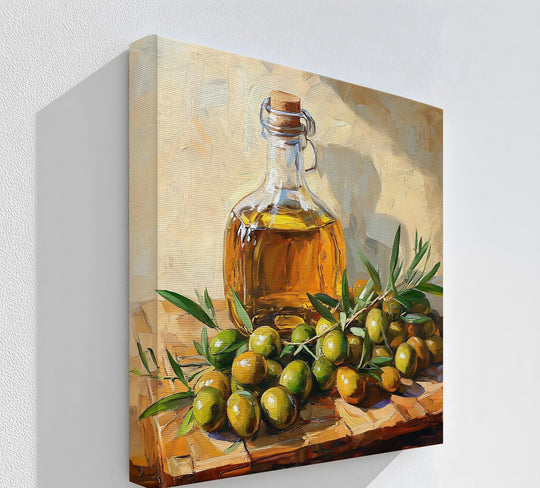 Negative space accentuates the golden olive oil bottle and olives in this canvas painting, making it a captivating Golden Harvest canvas wall art piece.