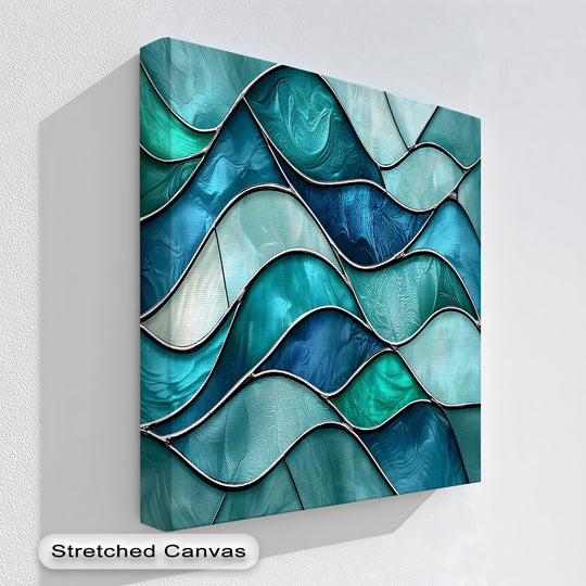 The seamlessly wrapped edge of the Turquoise Wave premium canvas decor shows the abstract stained glass ocean wall art extending around the sides.
