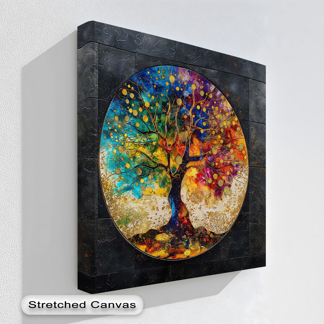The realistic detail of this vibrant round abstract colorful tree canvas pictures showcases intricate branches and luminous gold-dotted leaves on a textured dark frame.