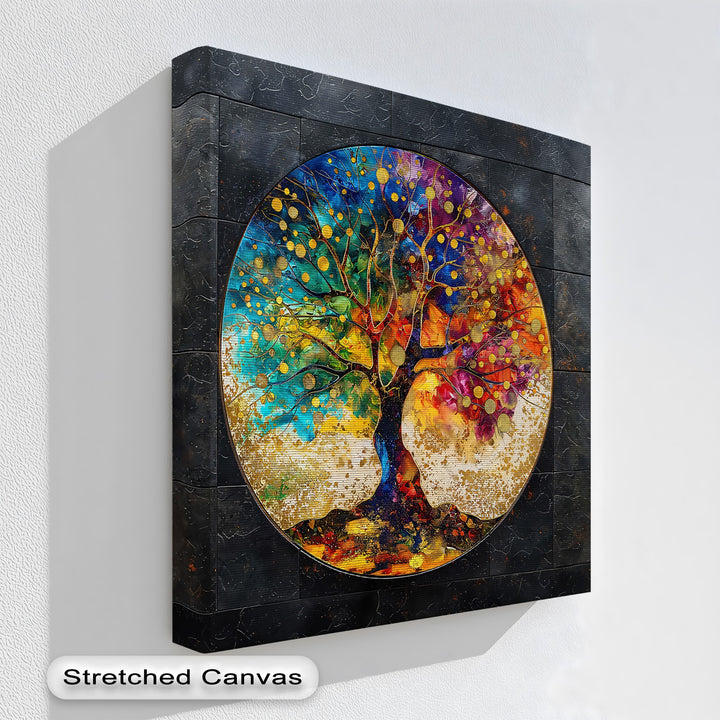 The realistic detail of this vibrant round abstract colorful tree canvas pictures showcases intricate branches and luminous gold-dotted leaves on a textured dark frame.