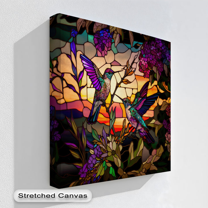 Soft light and deep shadows define this vibrant stained glass hummingbirds canvas wall decor, with luminous birds amidst colorful floral patterns.