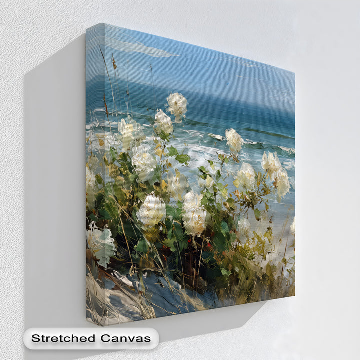 Whispers of the Dunes – White Roses by the Sea Canvas Print