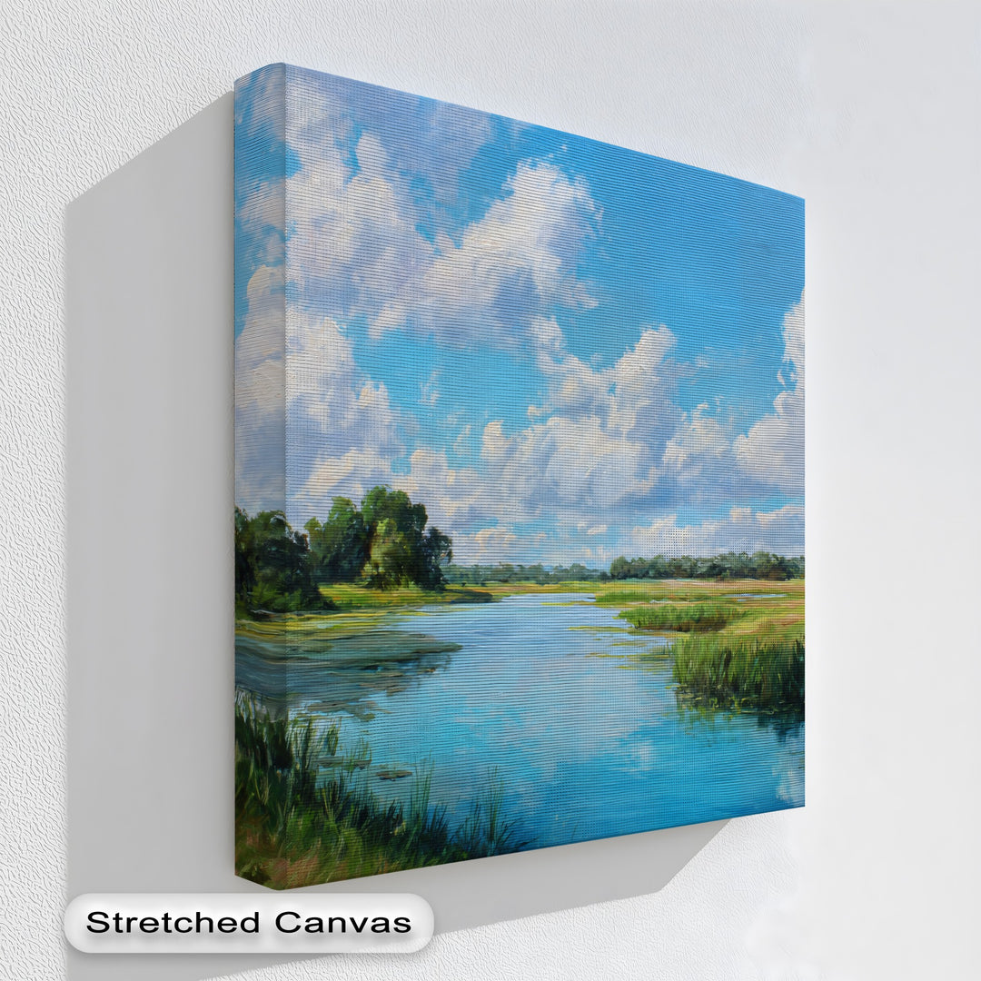 Highlighted edge of the peaceful river landscape canvas print showcases high quality canvas prints with its sharp borders and professionally stretched material.
