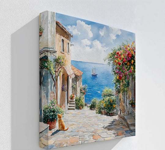 Horizontal rectangular Mediterranean Daydream canvas wall art print showcasing a seaside street scene with a cat, ready for canvas wall art display.