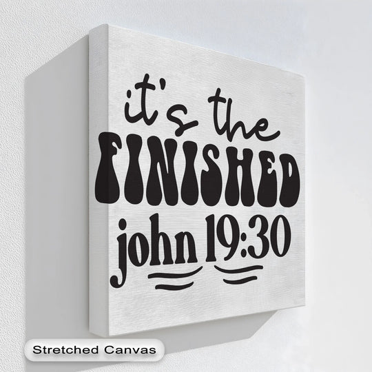 Texturized, the 'It's Finished - John 19:30' canvas print conveys a dynamic message with bold lettering that suggests movement in this captivating canvas wall decor piece.