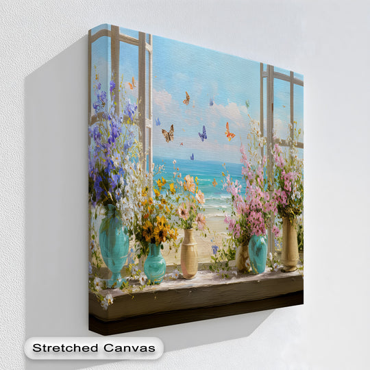 Predominantly turquoise canvas print of butterflies and blossoms presents a seaside view showcasing big canvas prints with an array of vibrant floral arrangements.