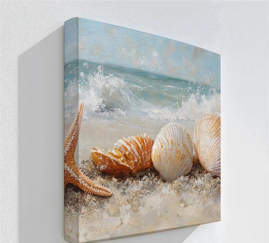 Central seashells and starfish are featured in detailed canvas art prints of a coastal scene with breaking surf, perfect for bringing a beachy vibe.