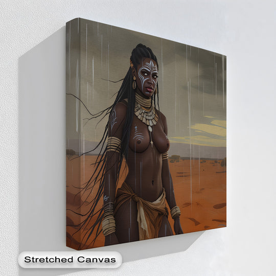 Light and shadow define the evocative form of the rain queen in this tribal warrior erotic canvas wall art, a dramatic example of canvas painting that captures a deep, sensual mood.
