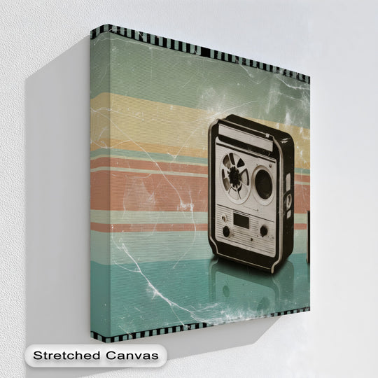 Warm color temperature illuminates the retro stripes of this vintage reel recorder canvas art prints, giving the design a nostalgic, faded appearance.