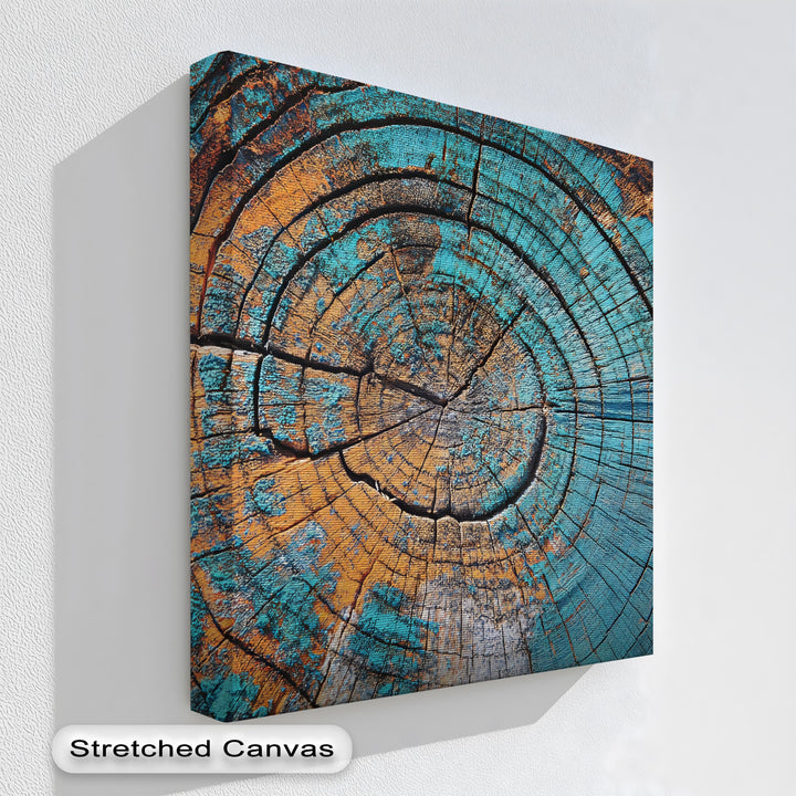 Turquoise dominates the wood texture premium canvas decor, creating an eye-catching abstract tree rings pattern in this modern canvas wall art print.