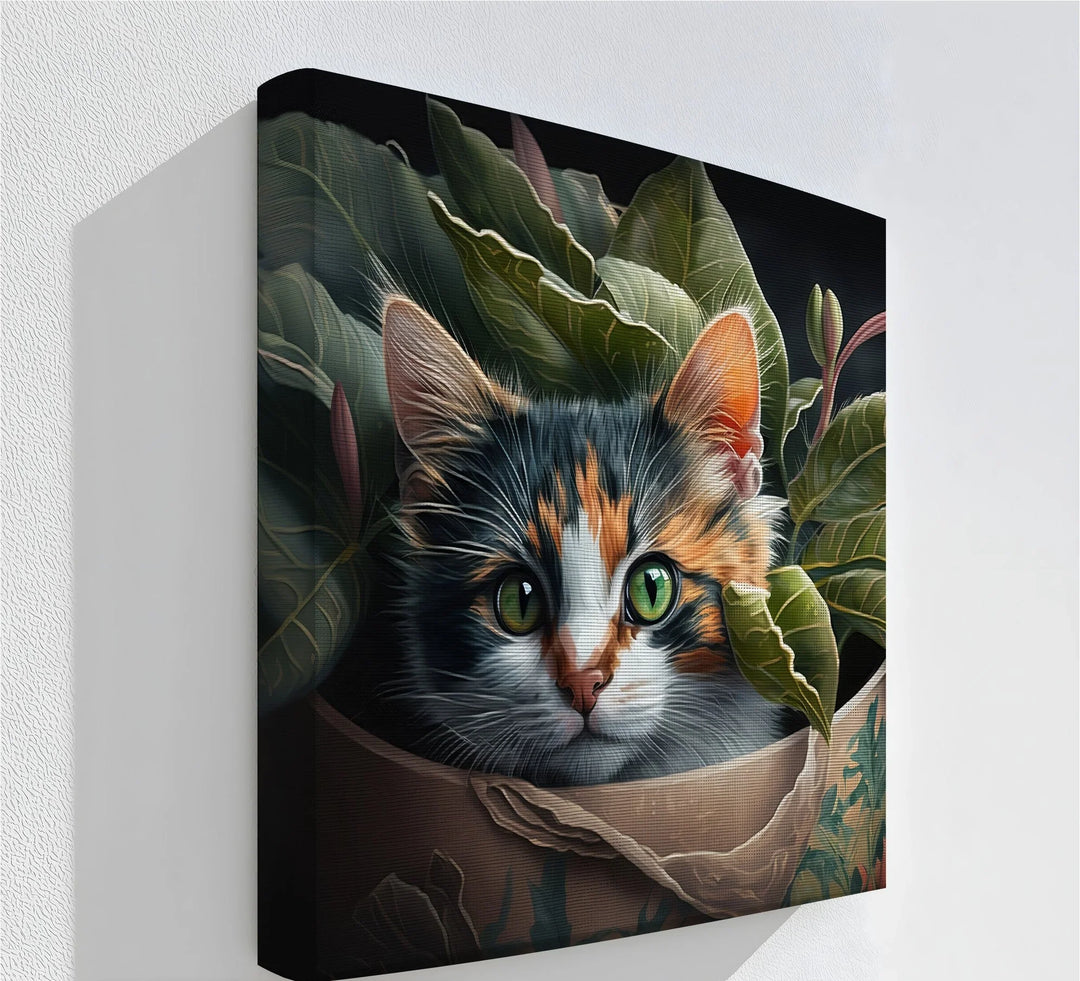 Jungle Hideout – Calico Cat Peeking Through Greenery Cat Canvas Print - MyPhotoStation