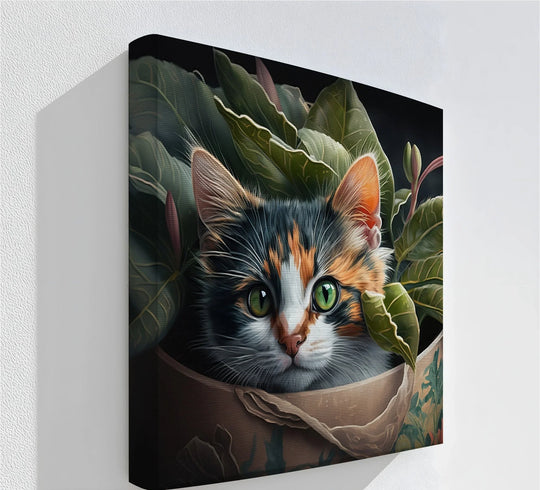 Vibrant, blurred greenery around the calico cat in this canvas painting creates a sense of dynamic, hidden movement in the jungle hideout cat print.