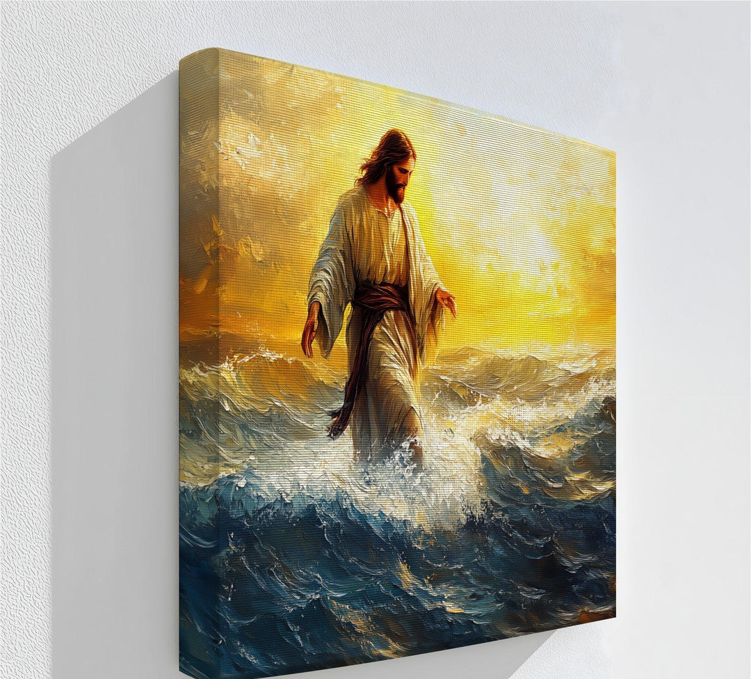 Dramatic Jesus walking on water canvas print with golden sunset.

