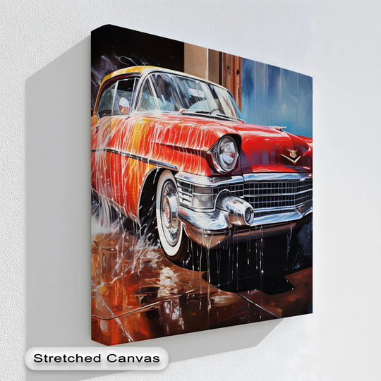 Visual rhythm is achieved through the repeating vertical drips cascading down this high quality canvas prints of a classic red Cadillac at the car wash.