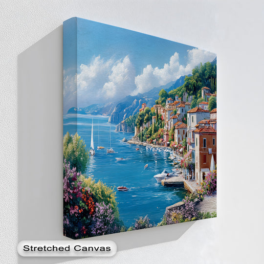 Ample negative space surrounds this vibrant Harbor Serenity Mediterranean village scene, emphasizing the depth and texture of this decorative canvas wall decor.