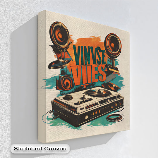 With vintage aesthetics, the focal point of this turntable and speakers canvas print offers bold canvas wall decor that embodies retro DJ culture.