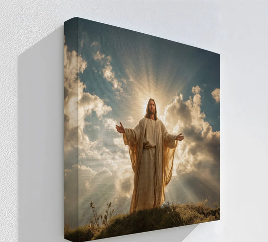 Sunlight softly illuminates the figure in this radiant Jesus premium canvas decor print, creating a serene and heavenly atmosphere.