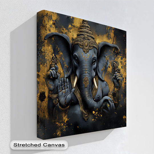 Horizontally oriented square unique canvas print showcases the 'Sacred Guardian – Lord Ganesha with Four Arms' artwork, stretched over a frame.