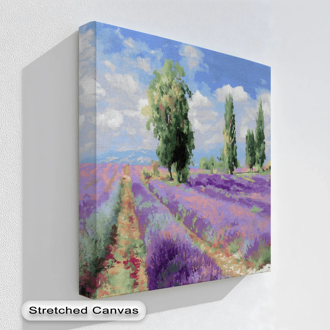 Vibrant lavender field canvas print with cypress trees and sky

