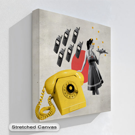 Foregrounded by the deep black rotary dial, this high quality canvas prints retro pop art telephone canvas print showcases a vintage waitress and old cellphones.