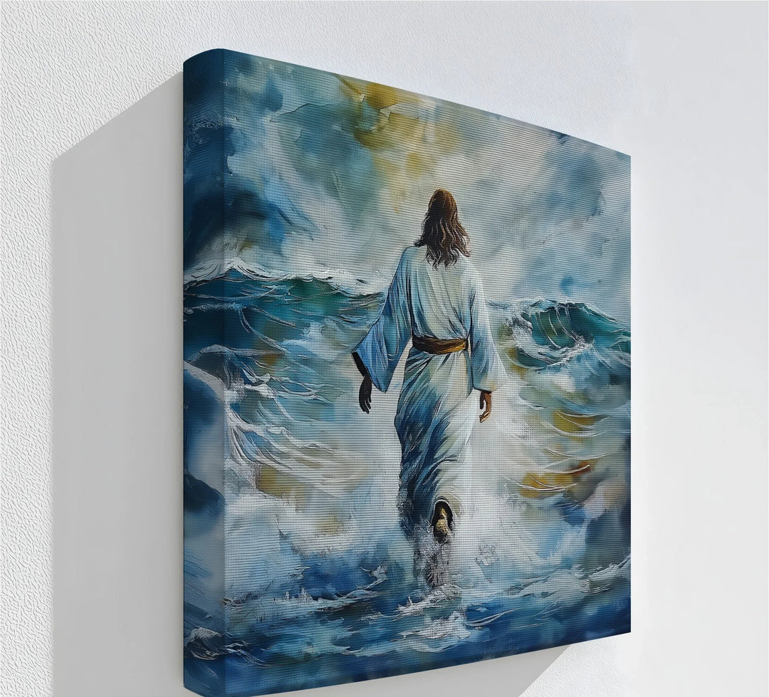 Powerful Jesus walking on water canvas print with dynamic ocean waves.

