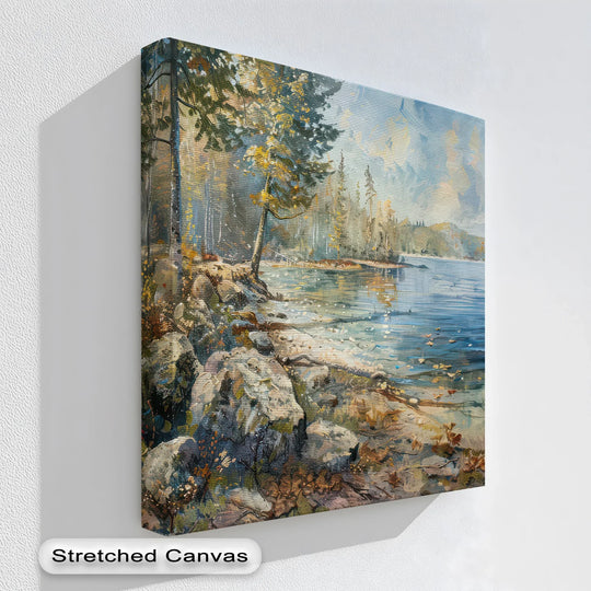 Dominated by serene blues and earthy browns, the Whispers by the Lake framed canvas art print features a tranquil forest shoreline landscape with calm lake waters.