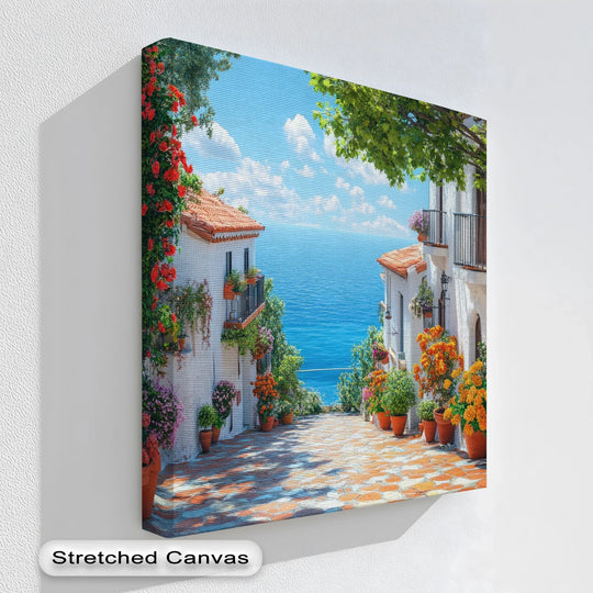 Depth and layers are expertly captured in this coastal flower village landscape canvas wall art, revealing a captivating street scene with whitewashed buildings.