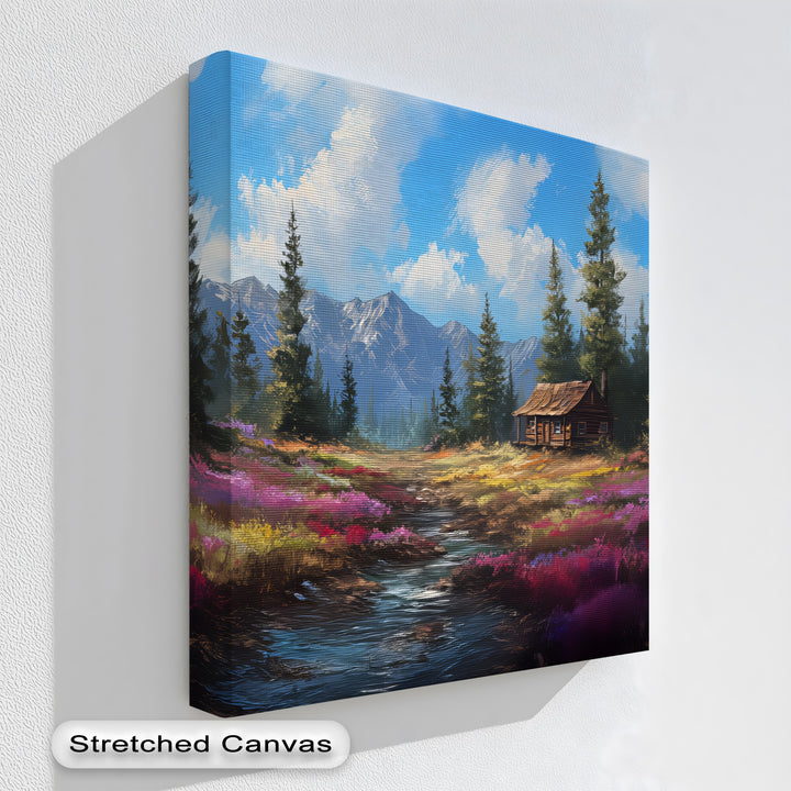 Tranquil Wilderness Cabin – Colorful Mountain Meadow Canvas Print