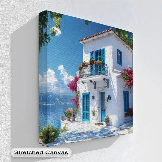 Visual rhythm in this landscape coastal house with flowers shows a unique canvas print with azure shutters and vivid bougainvillea creating a pleasing effect.