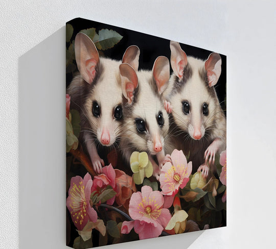 Subtle light and shadow define the possums' features in this animal canvas print, a charming piece of canvas wall decor amid soft, floral blossoms.
