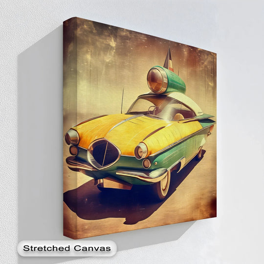 Evoking a strong sense of movement, the streamlined Atomic Cruiser's design on this framed canvas suggests a rocket-like car leaping into the future.