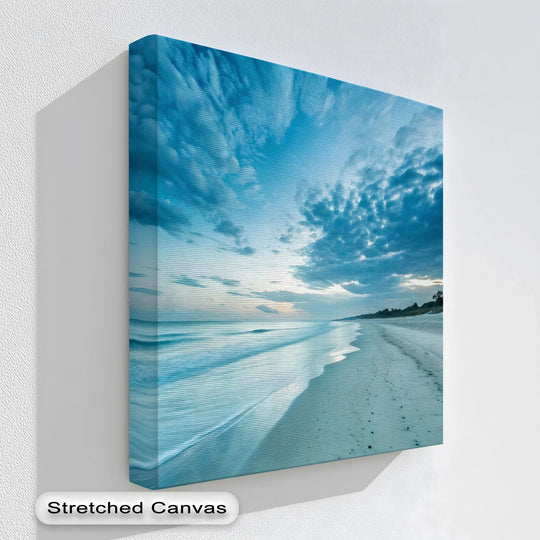 Experiencing the realistic detail in this premium canvas decor featuring a serene blue coastline landscape with softly lapping waves and a subtly textured sky.