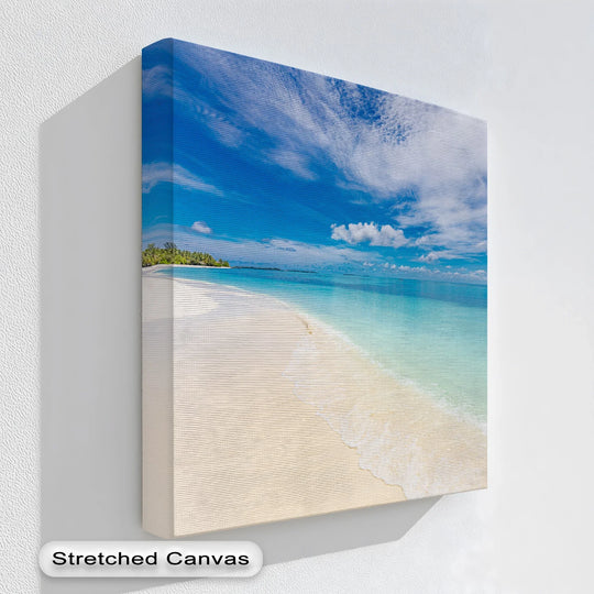 Striking in its abstract quality, the framed canvas portrays a tropical beach and crystal waters as a landscape canvas print with a unique, textural aesthetic.