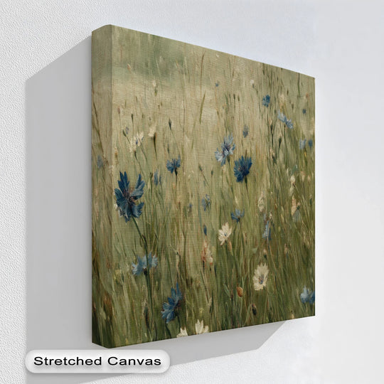 With a cool color temperature, the unique canvas print showcases the Whispers of Blue – Wildflower Meadow Scene, creating a serene and calming artwork.