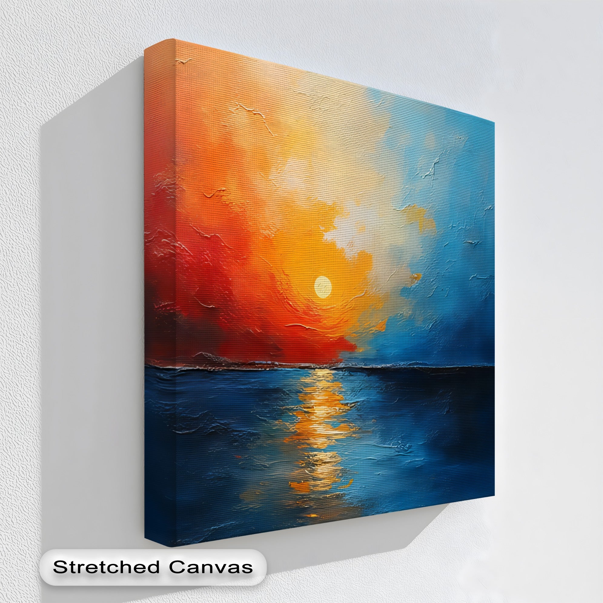 The organic forms of this abstract fiery horizon sunset seascape canvas wall art showcases the fiery sky bleeding into the blue ocean reflection.