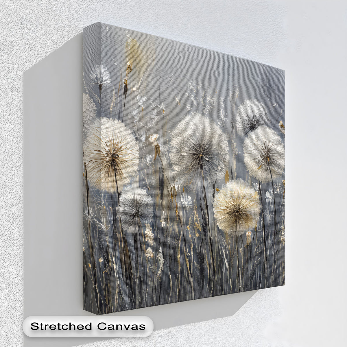 Delicate dandelion heads form the central subject in this whispers of the meadow canvas pictures print, showcasing neutral tones.