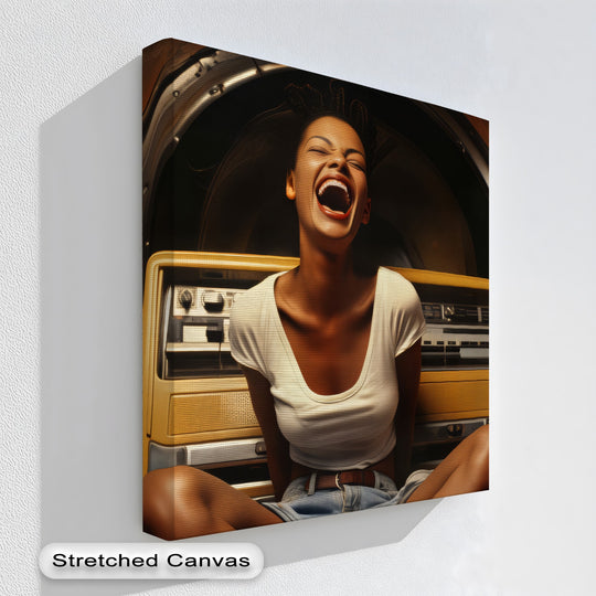 The layering effect is apparent in this canvas art, showing a laughing woman seated before a retro jukebox, creating a visually rich and textured depth.