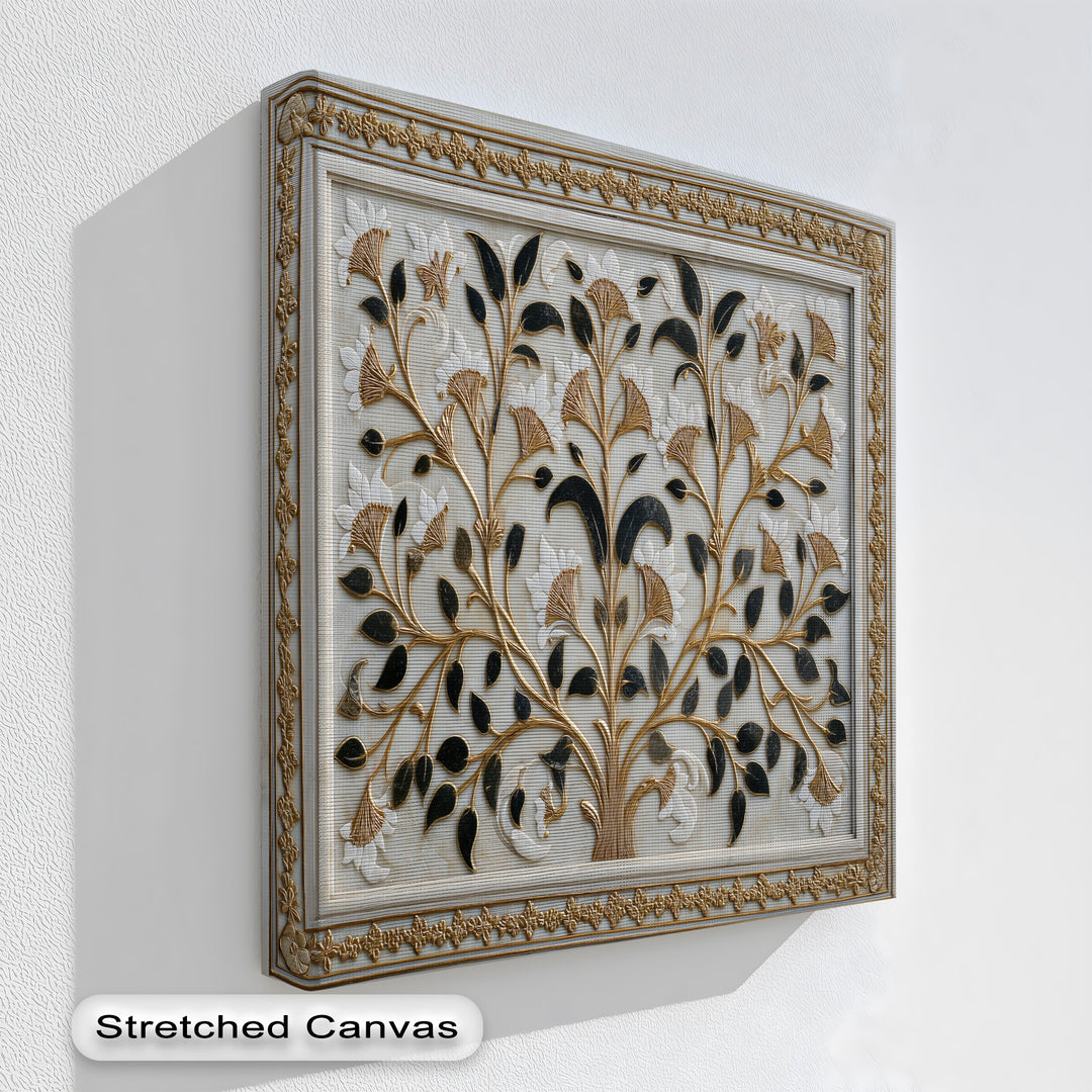 The elegant ornate gold-toned borders frame this botanical canvas picture, highlighting the intricate floral ornament wall art.