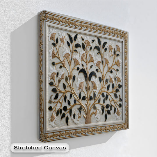 The elegant ornate gold-toned borders frame this botanical canvas picture, highlighting the intricate floral ornament wall art.