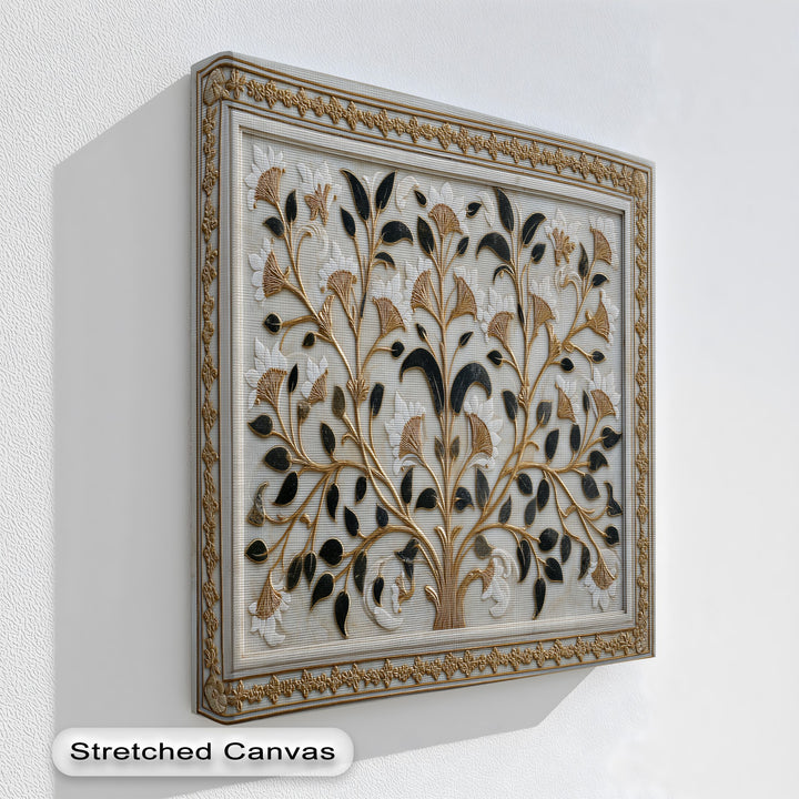 The elegant ornate gold-toned borders frame this botanical canvas picture, highlighting the intricate floral ornament wall art.