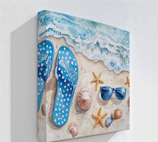 Bright blue flip-flops dominate this summery beach day scene depicted as textured canvas artwork, complete with starfish, shells, and gentle ocean waves.