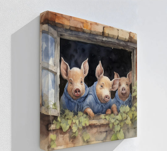 Realistic detail brings this high quality canvas prints art to life, featuring three cute piglets in blue hoodies peering from a brick-framed window, like a watercolor illustration.