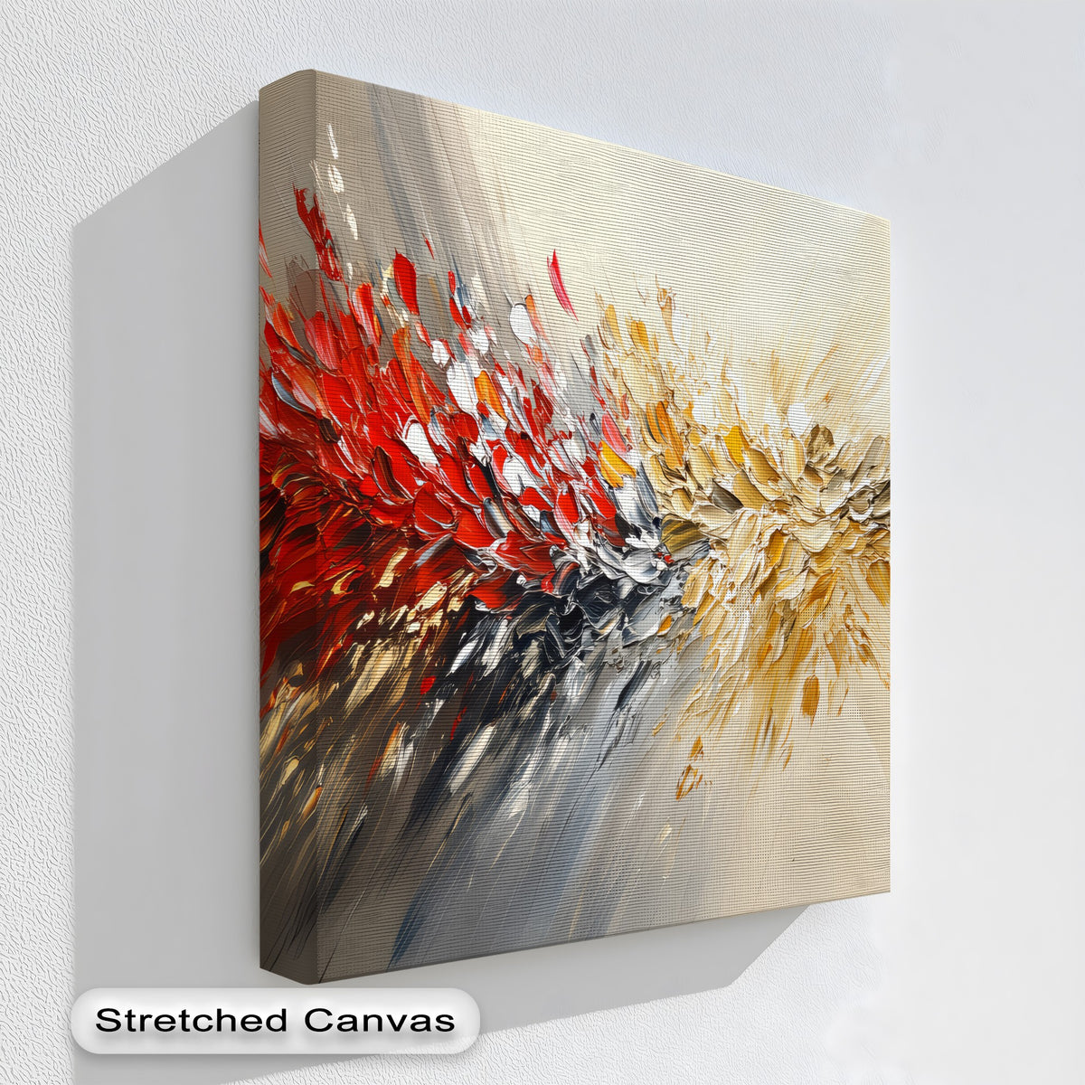 Foreground detail showcases a dynamic fusion with textured red, gold, and silver abstract strokes creating an energetic, bold impact on these canvas pictures.