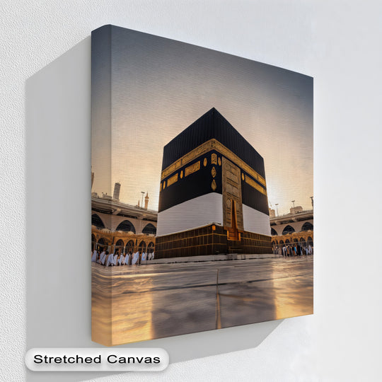 Organic shapes of the Kaaba in Masjid al-Haram canvas wall art are seen in the geometric structure contrasted by the flowing garments of worshipers.