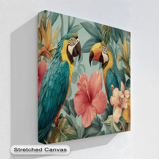 Tropical parrot canvas print with vibrant flowers and exotic jungle leaves

