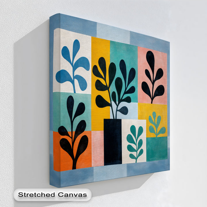 Displaying the edge and borders of a mid-century botanical canvas print, one of the best canvas prints showcases a clean, modern geometric design with a striped blue border.