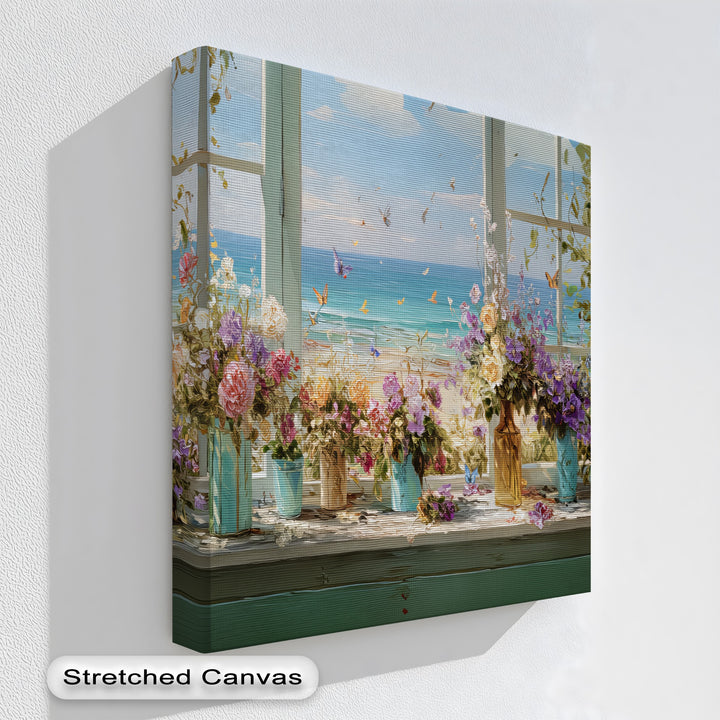 Seaside Bloom – Coastal View with Flowers and Butterflies Canvas Print