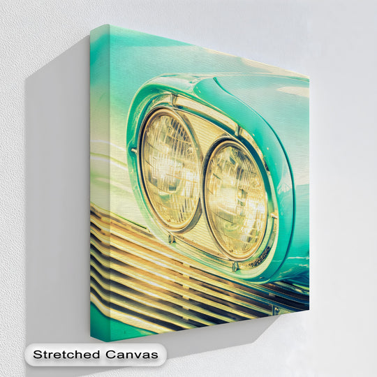 Geometric composition highlighting the linear grille and circular headlights in this golden glow close-up classic car canvas painting print.