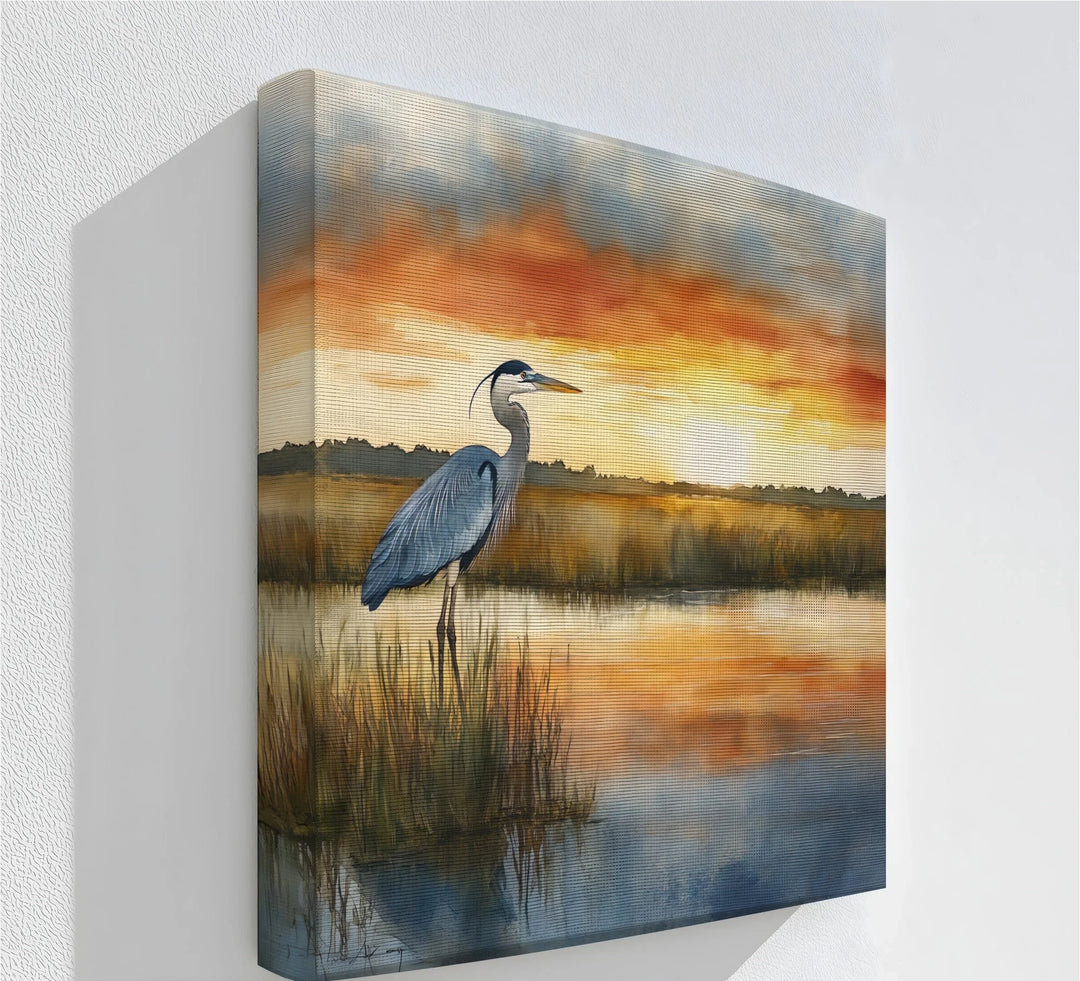 Golden Hour Grace – sunset heron canvas print for tranquil wall decor.

