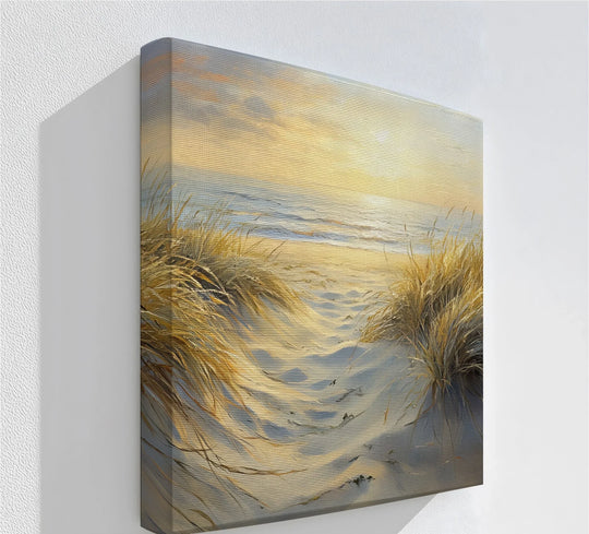 Organic dune grasses define the path to a beach sunset in this framed canvas print, evoking peaceful, natural forms.